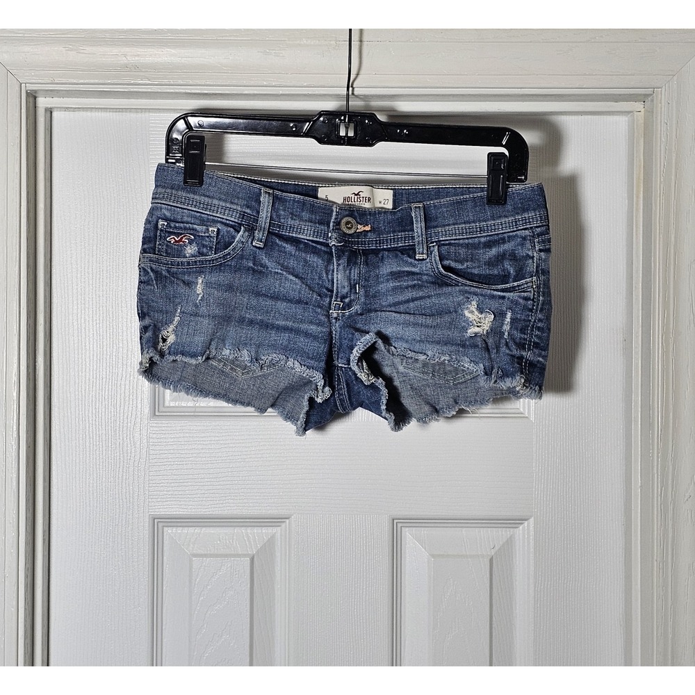 Hollister Distressed Low Rise Micro Mini Denim Shorts Size 5/27 Y2K Jean Logo